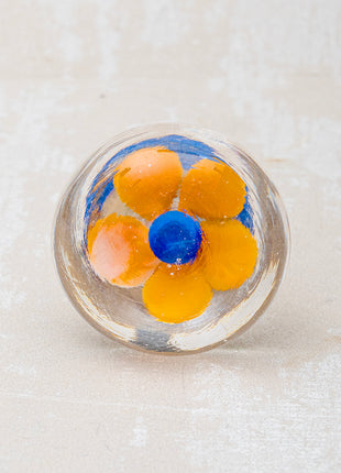 Clear Glass Dresser Cabinet Knob With Blue And Orange Flower