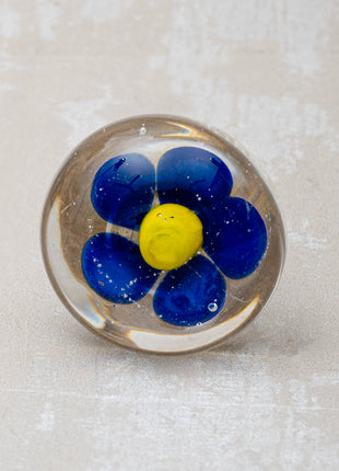 Clear Glass Drawer Cabinet Knob With Blue And Yellow Flower