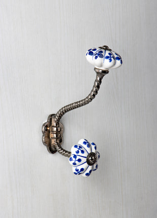White Floral Ceramic Cabinet Knob With Blue Design With Metal Wall Hanger