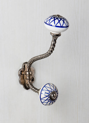 Geometric Blue Pattern On White Ceramic Knob With Metal Wall Hanger