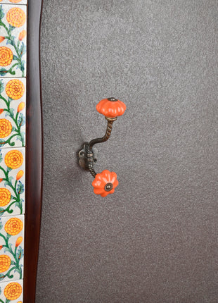 Orange Ceramic Flower Knob With Metal Wall Hanger