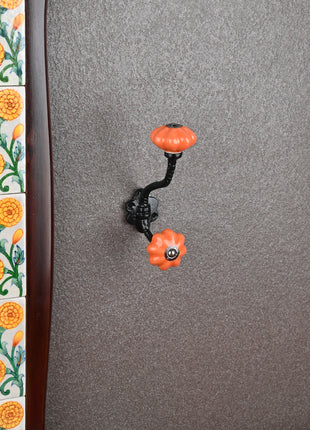 Orange Ceramic Flower Knob With Metal Wall Hanger