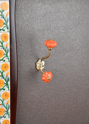 Orange Ceramic Flower Knob With Metal Wall Hanger