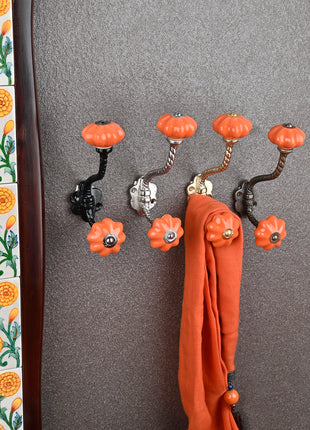 Orange Ceramic Flower Knob With Metal Wall Hanger