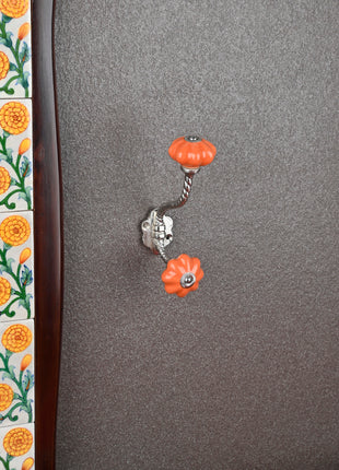 Orange Ceramic Flower Knob With Metal Wall Hanger