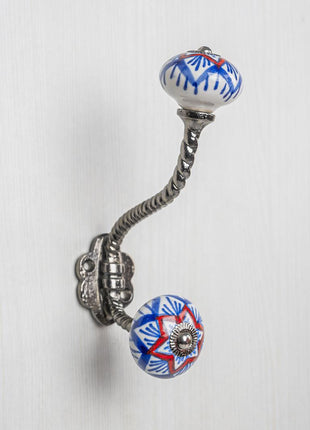 Elegant White Ceramic Knob Red And Blue Print With Metal Wall Hanger