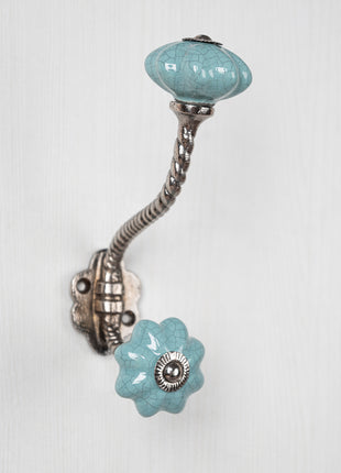 Cracked Teal Shade Flower Shaped Knob With Metal Wall Hanger