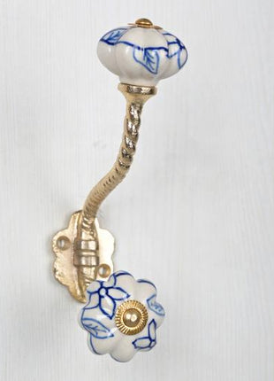 Blue Design On White Ceramic Cabinet Knob With Metal Wall Hanger