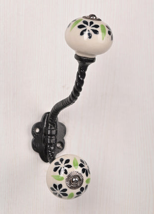 Black Flower On White Ceramic Cabinet Knob With Metal Wall Hanger