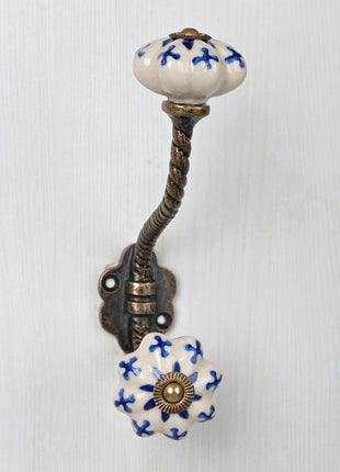 Blue Design On White Ceramic Cabinet Knob With Metal Wall Hanger