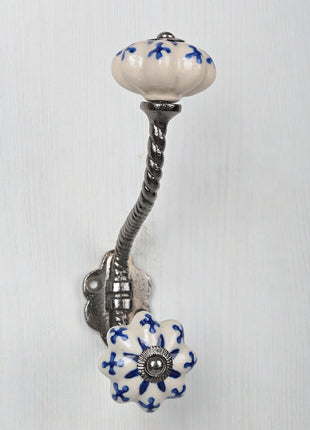 Blue Design On White Ceramic Cabinet Knob With Metal Wall Hanger