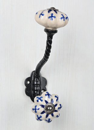 Blue Design On White Ceramic Cabinet Knob With Metal Wall Hanger