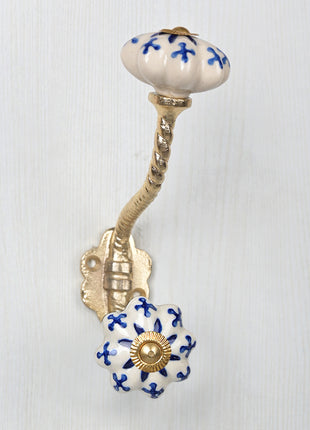 Blue Design On White Ceramic Cabinet Knob With Metal Wall Hanger