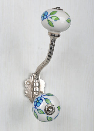 Turquoise Flower On White Ceramic Cabinet Knob With Metal Wall Hanger