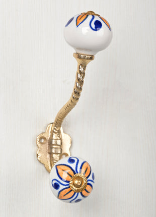 Yellow Flower and Blue Dots Ceramic Knob With Metal Wall Hanger