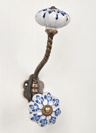 Blue Flower design On White Base Ceramic Knob With Metal Wall Hanger