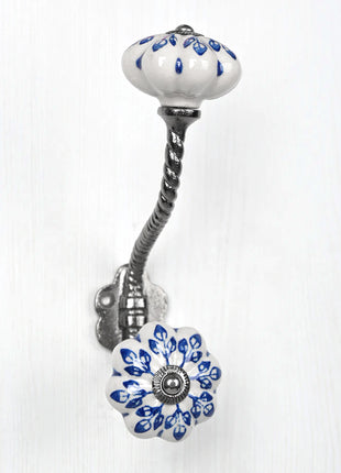 Blue Flower design On White Base Ceramic Knob With Metal Wall Hanger