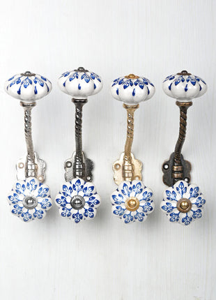 Blue Flower design On White Base Ceramic Knob With Metal Wall Hanger