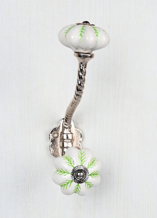 Green design on White Base Ceramic knob With Metal Wall Hanger