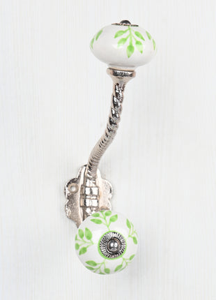 Green Leaf On White Ceramic Knob With Metal Wall Hanger