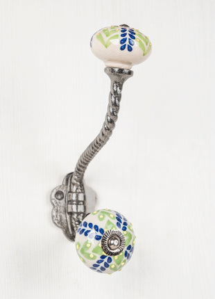 Green And Blue Designer Petals On White Ceramic Knob With Metal Wall Hanger