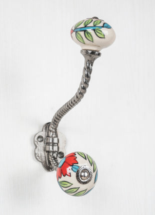 Designer White Ceramic Knob Multicolor Floral Print With Metal Wall Hanger