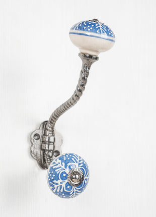 Blue And White Ceramic Knob White Embossed Design With Metal Wall Hanger