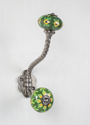 Green Color Floral Print Knob With Metal Wall Hanger