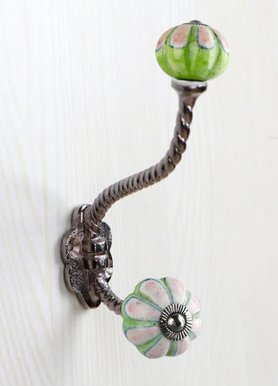 Green and Pink Ceramic Knob With Metal Wall Hanger