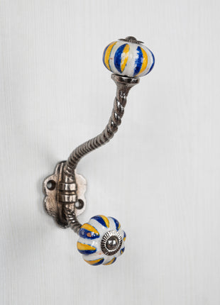 Yellow and Blue Ceramic Knob With Metal Wall Hanger