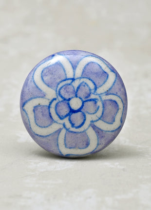 Designer Purple Drawer Blue Pottery Knob With White Flower