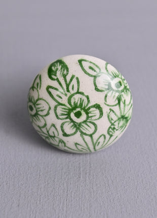 White Ceramic Blue Pottery Drawer Knob With Green Floral Print