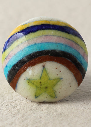 Vintage Multicolor Rainbow With Green Star Ceramic Blue Pottery Knob