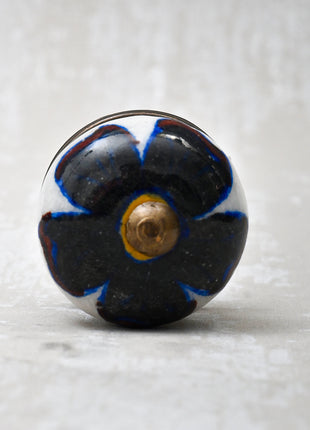 Stylish Black Flower On White Ceramic Bathroom Cabinet Knob