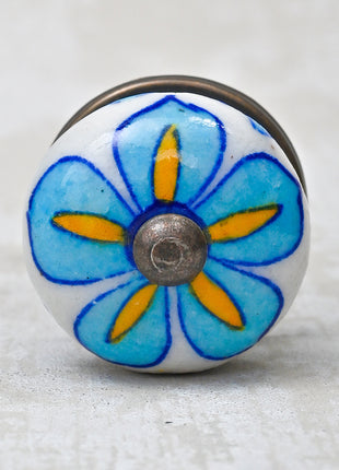 Turquoise Floral Design On White Ceramic Kitchen Cabinet Knob