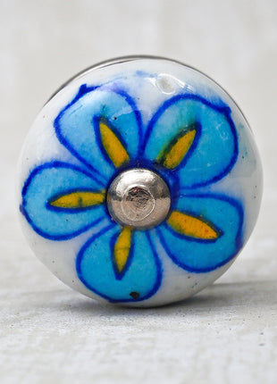 Turquoise Floral Design On White Ceramic Kitchen Cabinet Knob