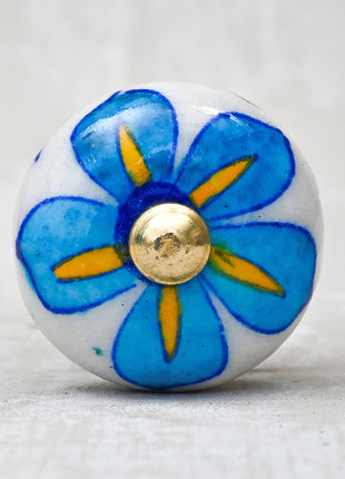 Turquoise Floral Design On White Ceramic Kitchen Cabinet Knob