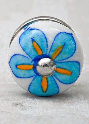 Turquoise Floral Design On White Ceramic Kitchen Cabinet Knob