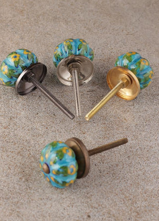 Turquoise Base Ceramic Bathroom Cabinet Knob With Yellow Flowers