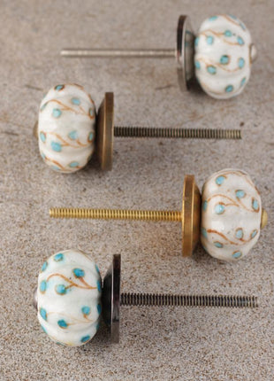 White Ceramic Melon Shaped Drawer Cabinet Knob With Turquoise Design