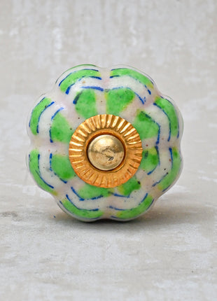 Melon Shaped White Ceramic Bathroom Cabinet Knob With Green Print