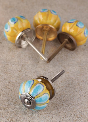 Turquoise Flower With Yellow Base Melon Shaped Drawer Knob