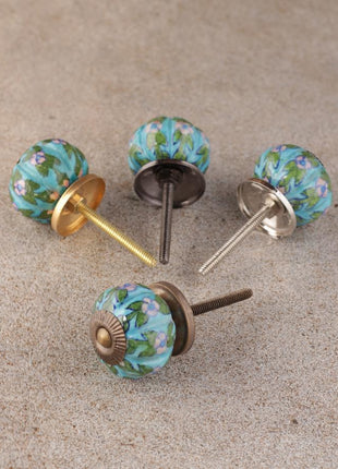 Turquoise Base Ceramic Dresser Cabinet Knob With Pink Flowers