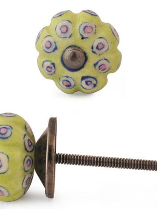 Lime Green Ceramic Dresser Cabinet Knob With White And Pink Design