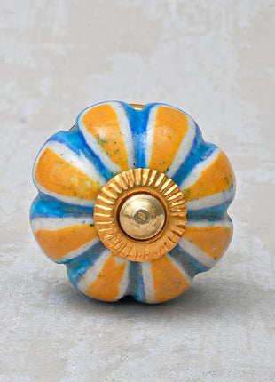 Yellow Flower On Turquoise Base Melon Shaped Cupboard Knob