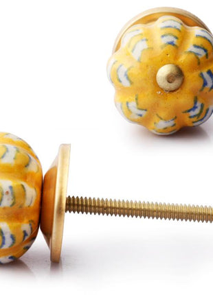 Yellow And White Ceramic Melon Shaped Dresser Cabinet Knob