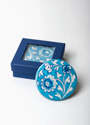 Turquoise Blue Pottery Coasters with blue flowers and leaves design set of 4 pieces