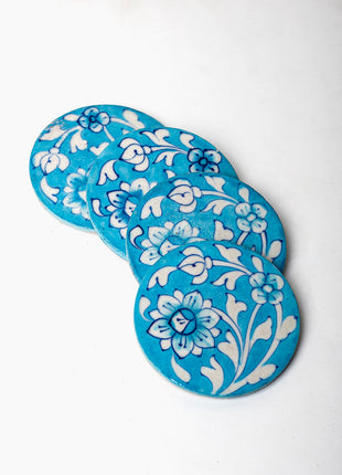 Turquoise Blue Pottery Coasters with blue flowers and leaves design set of 4 pieces