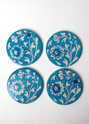 Turquoise Blue Pottery Coasters with blue flowers and leaves design set of 4 pieces