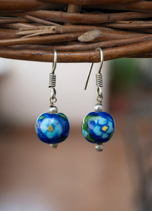 Handmade Single Bead Blue Pottery Earrings (Blue & Green)